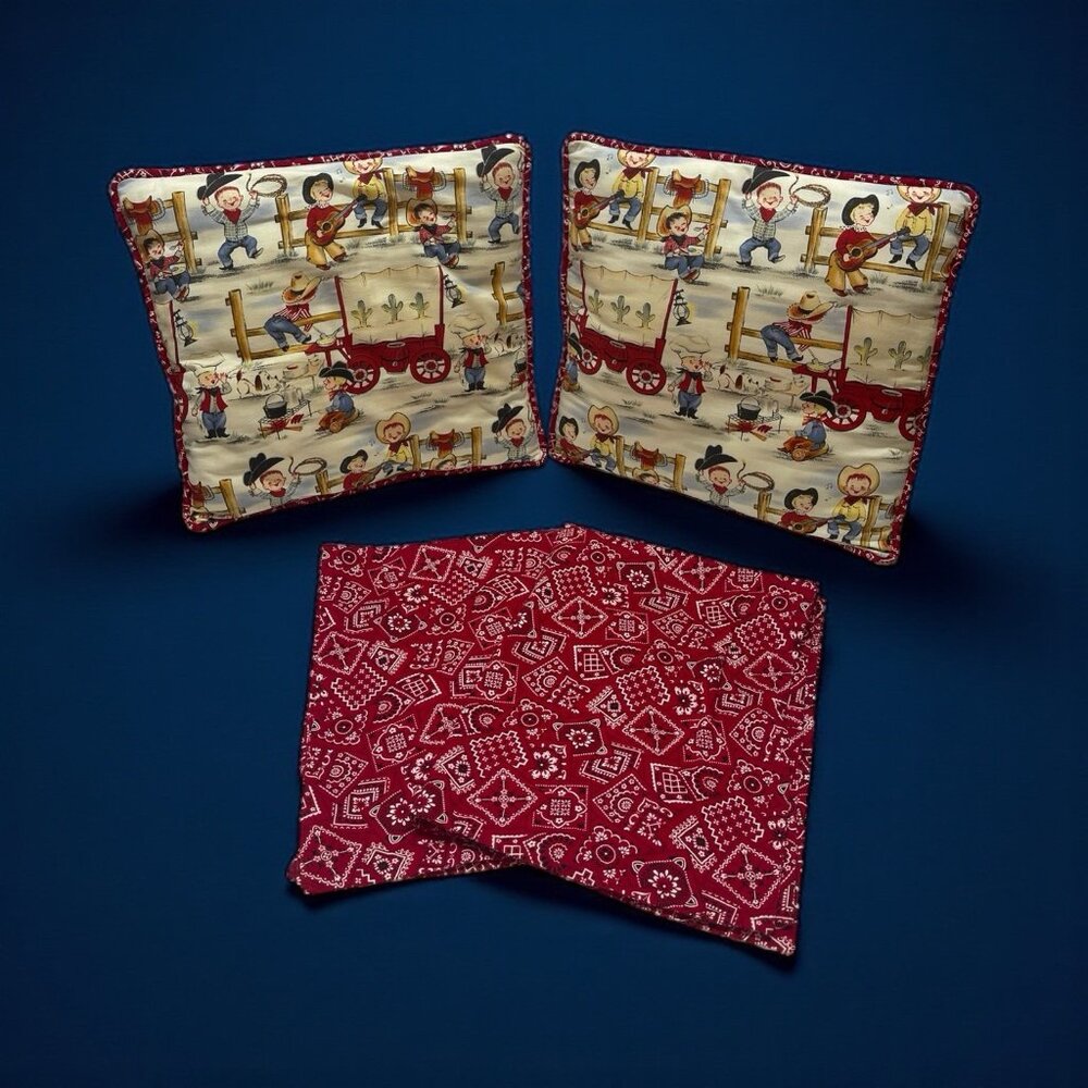 Lil Cowpokes Cowboys 2 Throw Pillows & 2 Red Bandana Print Pillow Shams VTG